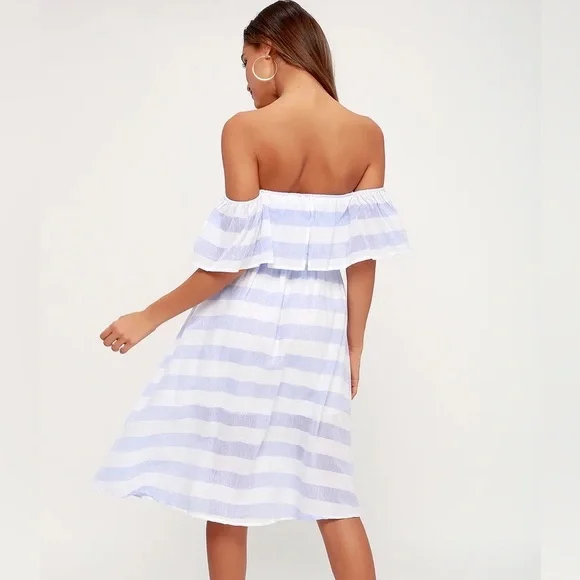 Lulus Transatlantic Voyage Blue and Ivory Striped Midi Dress - Picture 2 of 5